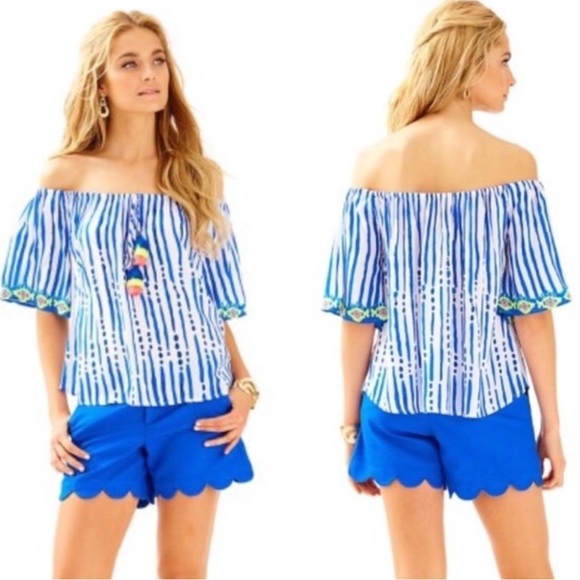 Lilly Pulitzer Shirt Multi Color Sain Off  Shoulder Tassel Short Sleeve Medium - Picture 2 of 7